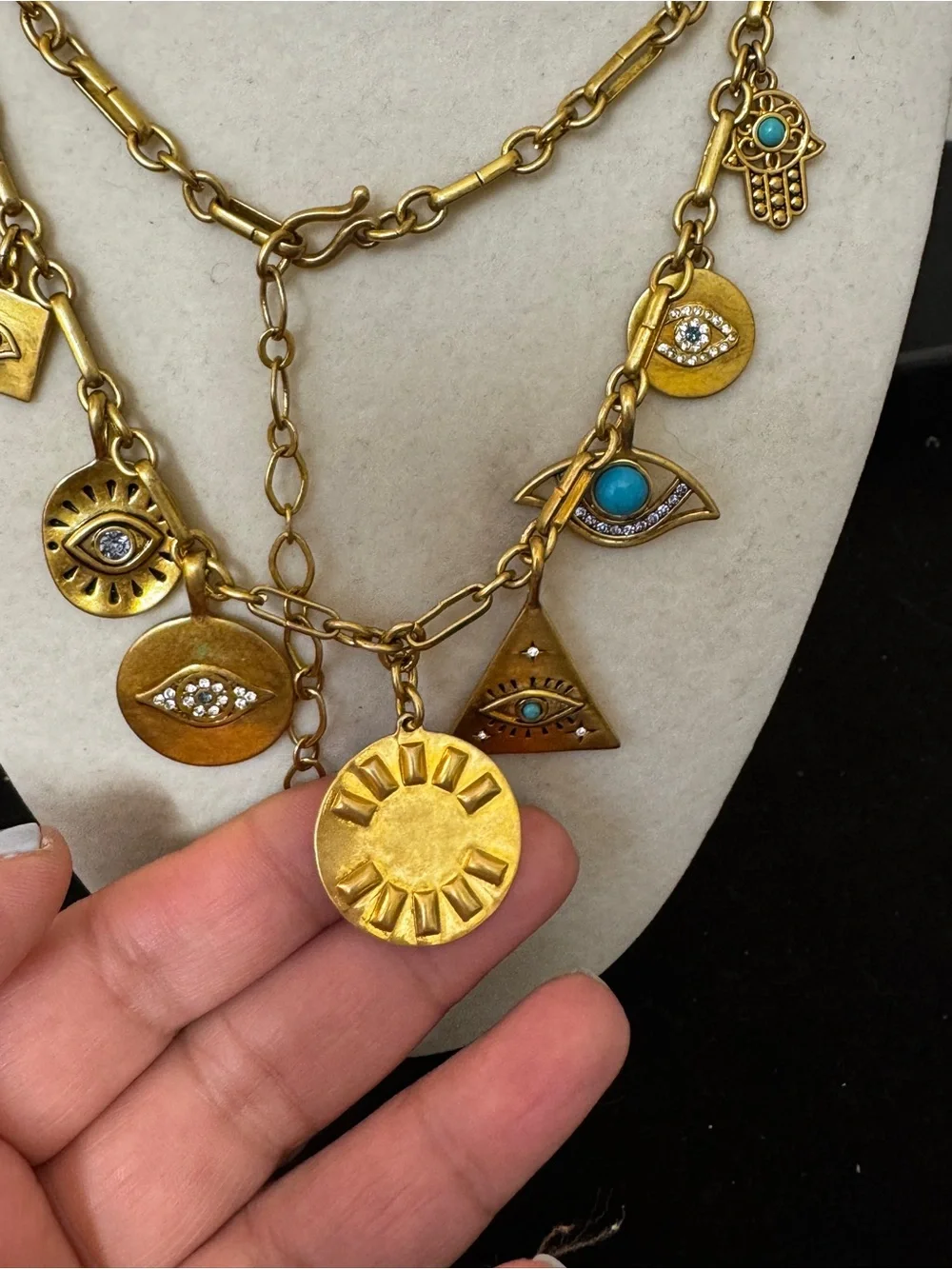 Gold-Tone Evil Eye Charm Necklace with Turquoise Accents